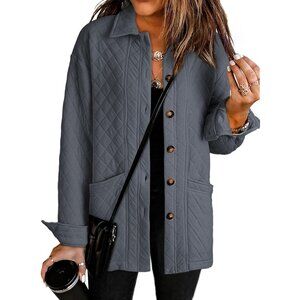 Women's Dark Grey Button Down Collared Long Sleeve Jackets Coats Pockets